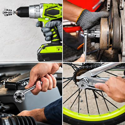 Real jobs: drill work, brake hardware, engine bay, bike sprocket