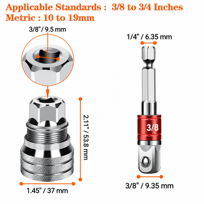 Dimensions: fits 3/8 to 3/4 inch, 10 to 19 mm, 3/8 inch square drive, 1/4 inch hex adapter