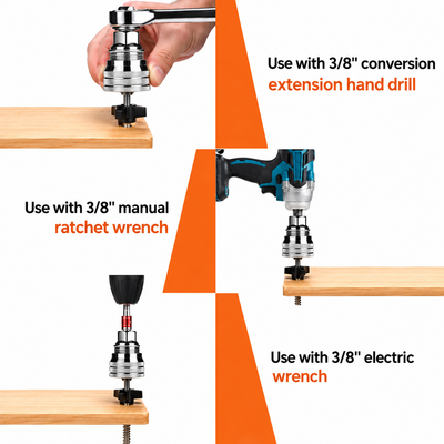 Works with a 3/8 inch ratchet, an impact wrench, or a drill via the hex adapter