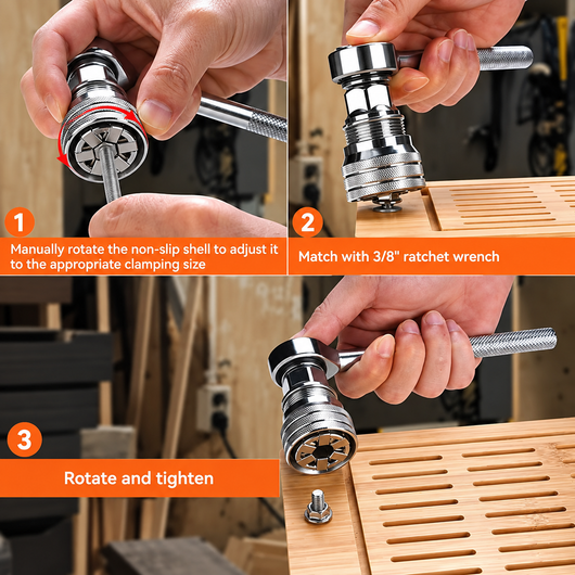 Three steps: adjust the sleeve, seat it on the fastener, turn