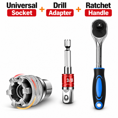 Universal socket, 1/4 inch hex drill adapter and 3/8 inch ratchet handle - the three-piece kit