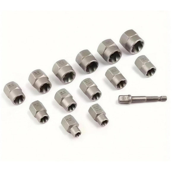 Thirteen Modnestic extractor sockets and the 1/4 inch hex drive adapter laid out